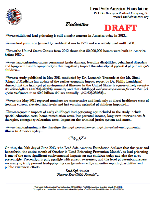 Lead Safe America Foundation, declaration re: International Lead Poisoning Prevention Awareness Week
